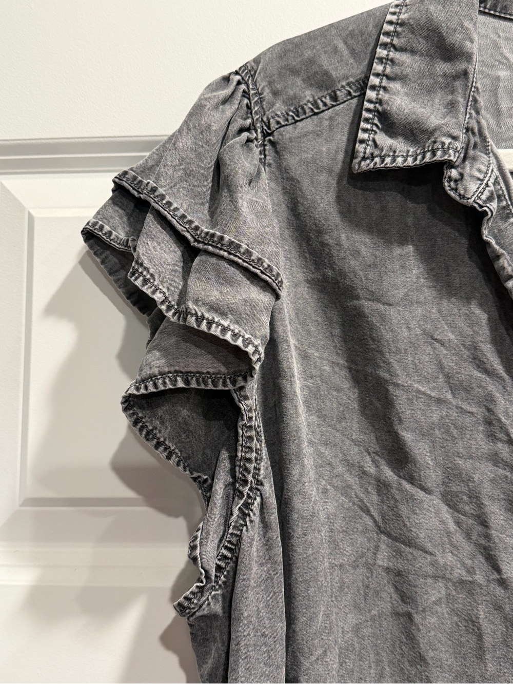 Jane and Delancey Washed Gray Ruffle Sleeve Button-Down Top